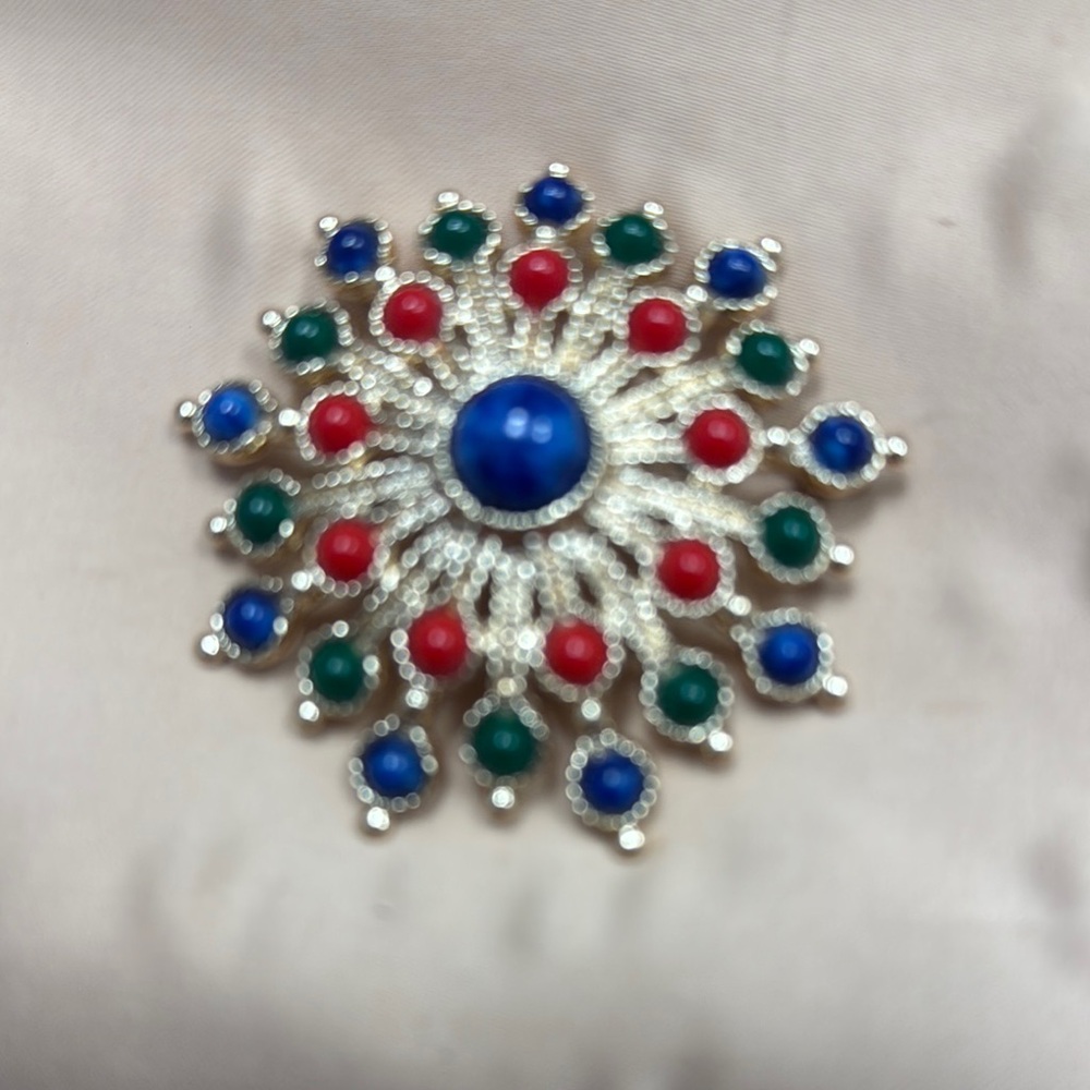 Elegant Silver Brooch with Blue, Red, and Green Accents.  SARAHOO
